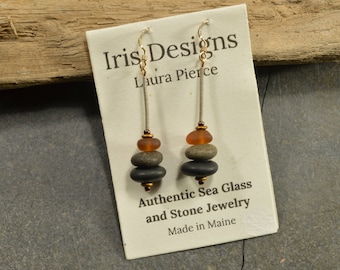 Deep sea beauty    stacked Maine sea stone and sea glass cairn earrings naturally ocean tumbled one of a kind earrings