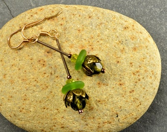 Greenies   authentic green Maine sea/beach glass dangle earrings with bronze petals  ecochic  Maine sea glass jewelry