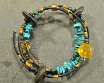 Hot skies   a turquoise and genuine Maine sea / beach stone adjustable wrap bracelet funky colorful fashion forward jewelry
