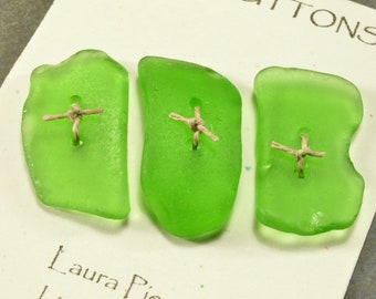 Green glass sticks.....a  set of three vibrant green natural double drilled  Maine sea glass toggle buttons for all fiber arts