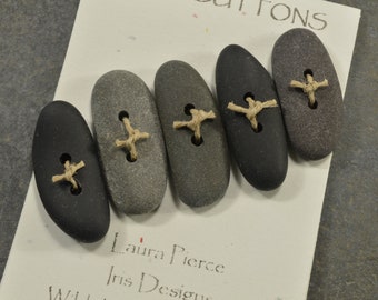 Set of five black and  grey stick fish  Maine sea stone long  toggle buttons ecochic  ocean style for knitters and jewelry craft