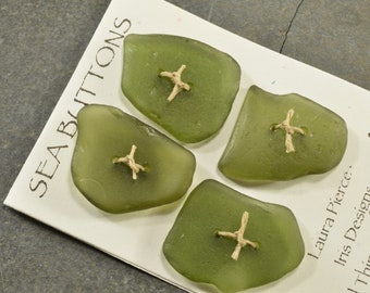 Set of four shades of  olive green drilled authentic sea glass buttons from the coast of Maine