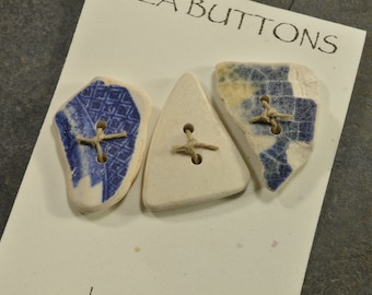 I got the blues- a set of three  authentic  Maine sea pottery toggle  buttons eco friendly embellishment for sweaters scarves and purses