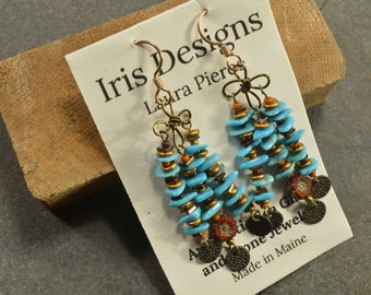 Arizona turquoise  dangling  bronze chandelier  earrings