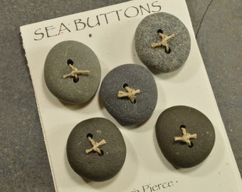 Browns a set  of five super rounded double drilled  brown and grey Maine sea stone buttons for sweaters or craft