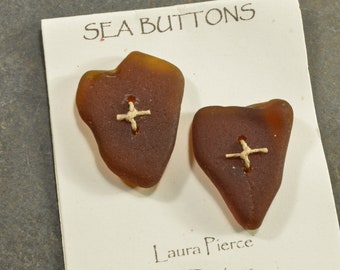 Funny hearts   a set of two molasses brown  authentic Maine sea glass buttons for sweaters shawls kniiting craft