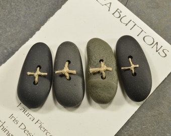 Stone sticks a set of four black and grey toggle shaped natural Maine sea stone buttons for sweaters jewelry or craft