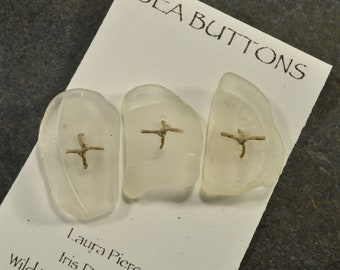 Three icy white rectangular drilled genuine Maine sea/ beach  glass buttons eco friendly unique embellishment for knitters