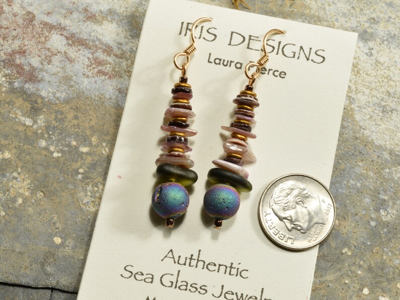 Lightweight genuine Maine olive sea/beach glass fish bone earrings with druzy and shell heishi original ocean fun image 4