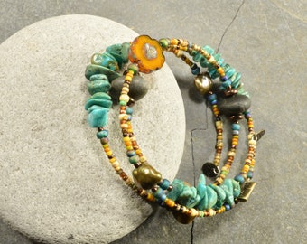 Late summer a turquoise and genuine Maine sea / beach stone adjustable wrap bracelet funky colorful fashion forward jewelry