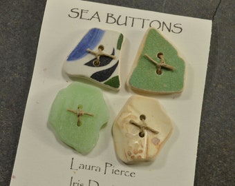 Beach babies-a set of four cream green and pale blue  square sea pottery  buttons from the coast of Maine