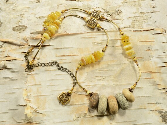 Stinger.... a natural Maine granite stone and yellow opal stone adjustable necklace with Czech glass beads ecochic fashion
