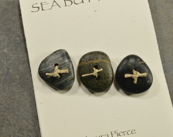 More little bits    a set of three oval shaped natural Maine sea / beach stone buttons  rustic artisan embellishments for fiber artists