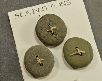 Set of three super round natural Maine sea / beach stone buttons in assorted sandy shades  rustic artisan embellishments for fiber artists