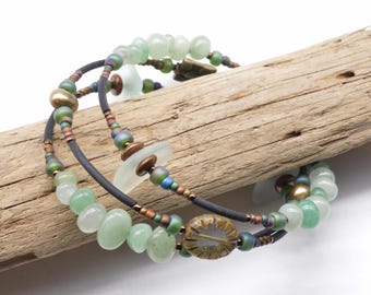 Sweet green beauty.....a natural Maine sea/beach glass and green advenurine stone adjustable boho funky fashion statement wrap bracelet