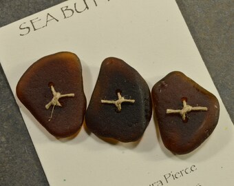 Set of three delicious brown double drilled genuine Maine sea / beach glass buttons eco friendly artisan statement for all knitters