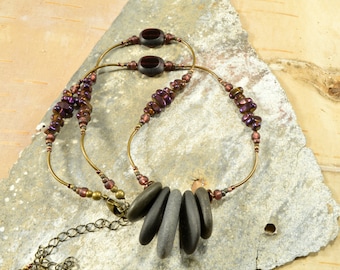 Flash    a natural Maine jet black sea / beach stone necklace with hematite stones and bronze accents earthy natural ocean jewelry