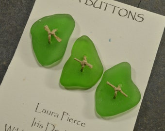 Another set of three brilliant green double drilled genuine Maine sea / beach glass buttons