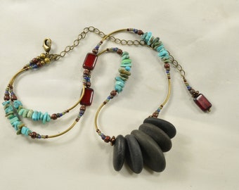Swept away... a natural Maine black sea stone and turquoise adjustable necklace with exciting molten red Czech glass beads ecochic fashion
