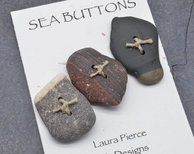 Rectangular Stone Button Set of Three Pale Reddish Tan and Grey Rectangular Shaped Natural Maine ...