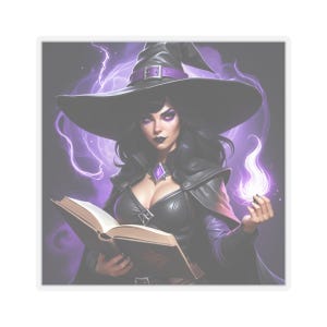 May include: A woman dressed as a witch with a black pointed hat and a purple and black outfit holds a book and a glowing purple flame.
