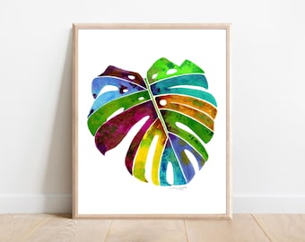 Monstera Leaf Watercolor Art Print: Fall Colors Home Decor