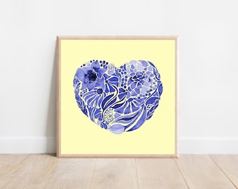 Hand-painted Floral Heart Watercolor Art Print: Minimalist Home Decor