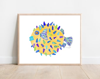 Acuarela de pez globo amarillo - Arte infantil unisex