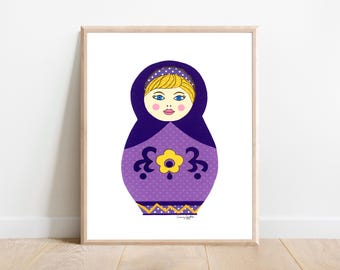 Impresión artística de matrioska morada: muñeca rusa apilable