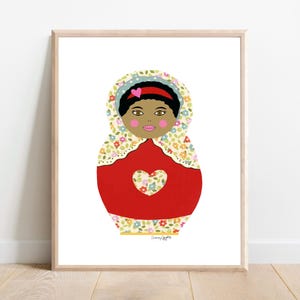 Curly Haired Girl Matryoshka Art Print: Whimsical Nursery Decor