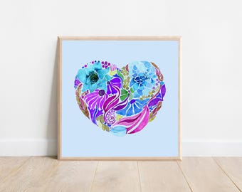Hand-painted Floral Heart Watercolor Art Print: Minimalist Home Decor