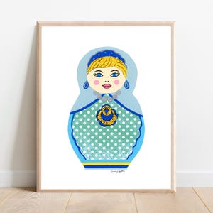 Blues Girl Matryoshka Art Print: Whimsical Nursery Decor