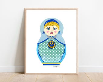 Impresión artística de la Matrioska de la Niña Azul: Muñeca rusa apilable