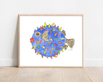 Lámina decorativa infantil de acuarela con un pez globo azul - Decoración original para la habitación de los niños