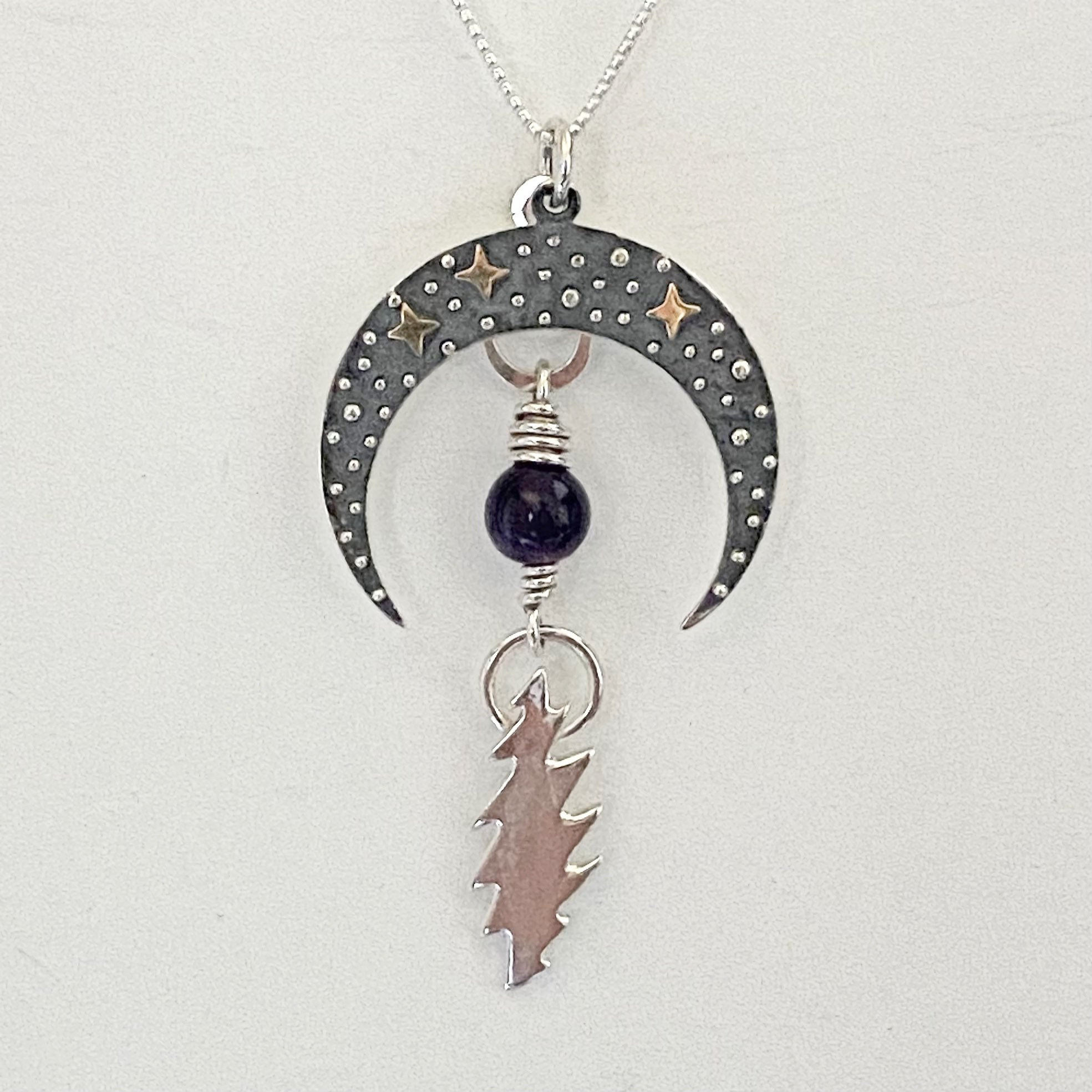 Sterling Silver Crescent Moon Pendant: Brass Stars, Amethyst Bead - Etsy