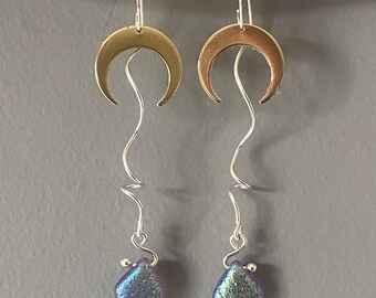 Sterling Silver Crescent Moon Earrings: Laser Etched Glass Beads