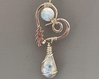Sterling Spiral Heart Talisman Pendant, Moonstone, 13point bolt necklace, Festival Jewelry, Shakedown Street