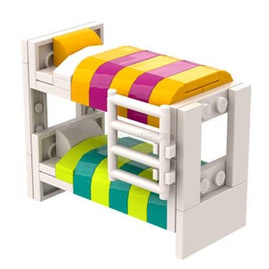May include: A white bunk bed with a yellow, pink, and green striped mattress on the top bunk and a green and blue striped mattress on the bottom bunk. The bed has a white ladder.