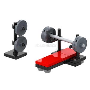 Peut inclure: Un banc de musculation noir avec un siège rembourré rouge et une barre de musculation avec deux plaques de poids grises. Il y a un support noir séparé avec deux plaques de poids grises.