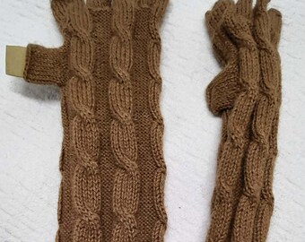 Alpaca blend finger-less  knitted  arm warmers with cable. 1 color left   brown.