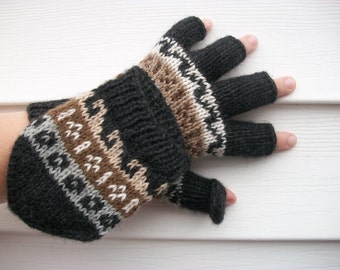 Alpaca glittens.  Bernie Sanders mittens. Black, tan,  darkgray , cream.