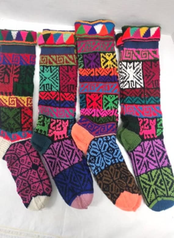 Hand-Knitted Wool Blend Socks: Bright Colorful Knit, One-of-a-Kind