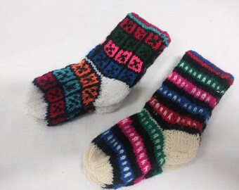 Hand knitted  socks.  Wool blend socks. Bright Socks. Andes on my mind .  ONLY2 pairs available. Children socks.