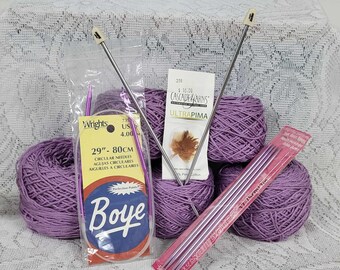 Lilac Cotton Yarn: Cascade Ultra Pima, 5 Skeins + Knitting Needles