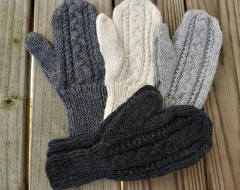 Hand knitted alpaca mittens with cable pattern. Toboggan mitts. Toasty. 1 left in white.