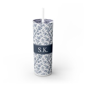 Personalized Blue Floral Chinoiserie Skinny Tumbler with Straw, Stylish 20oz Drinkware, Customizable, Gifts for Her, Perfect Bridesmaid Gift