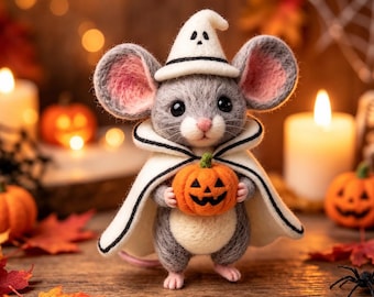 Figura de animal hecha a mano con fieltro de aguja, decoración de Halloween, ratón en miniatura, fantasma de calabaza, regalo de Halloween
