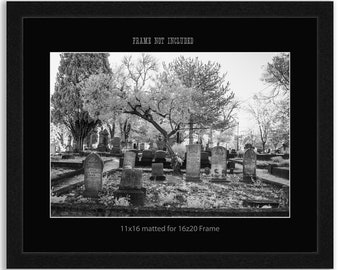 Infrared Cemetery, Cemeteryscape landscape photography, Black and White photography print, matted or metal prints gothic decor wall art