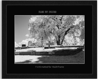 Infrared Cemetery, Cemeteryscape landscape photography, Black and White photography print, matted or metal prints gothic decor wall art