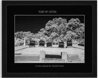 Infrared Cemetery, Cemeteryscape landscape photography, Black and White photography print, matted or metal prints gothic decor wall art